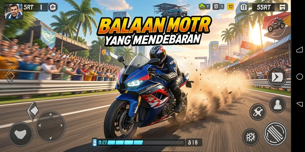Screenshot gameplay 55RT menampilkan balapan motor yang intens dan mendebarkan.