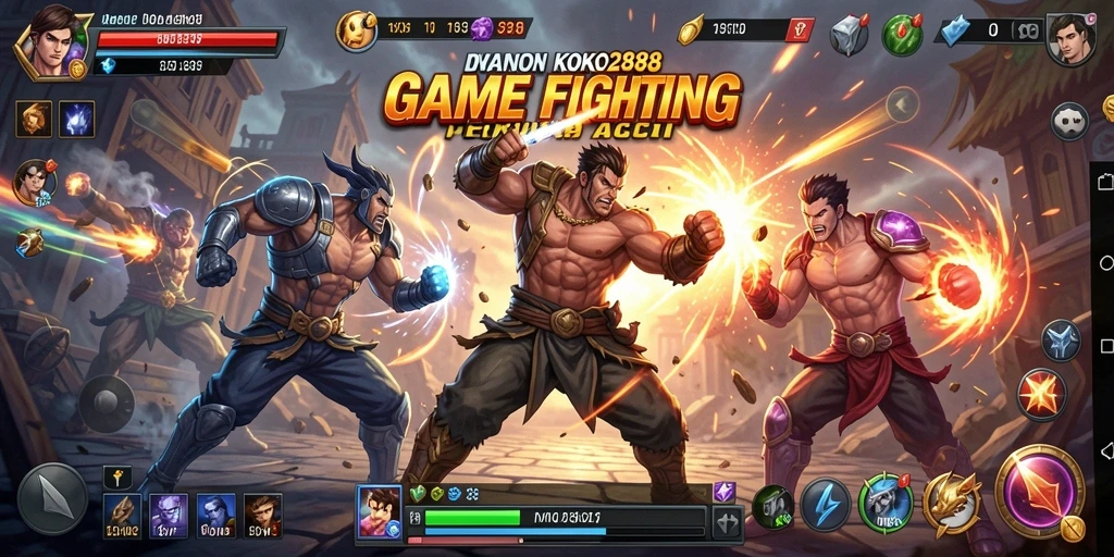 Screenshot utama KOKO288 menampilkan pertarungan seru antara karakter di arena.