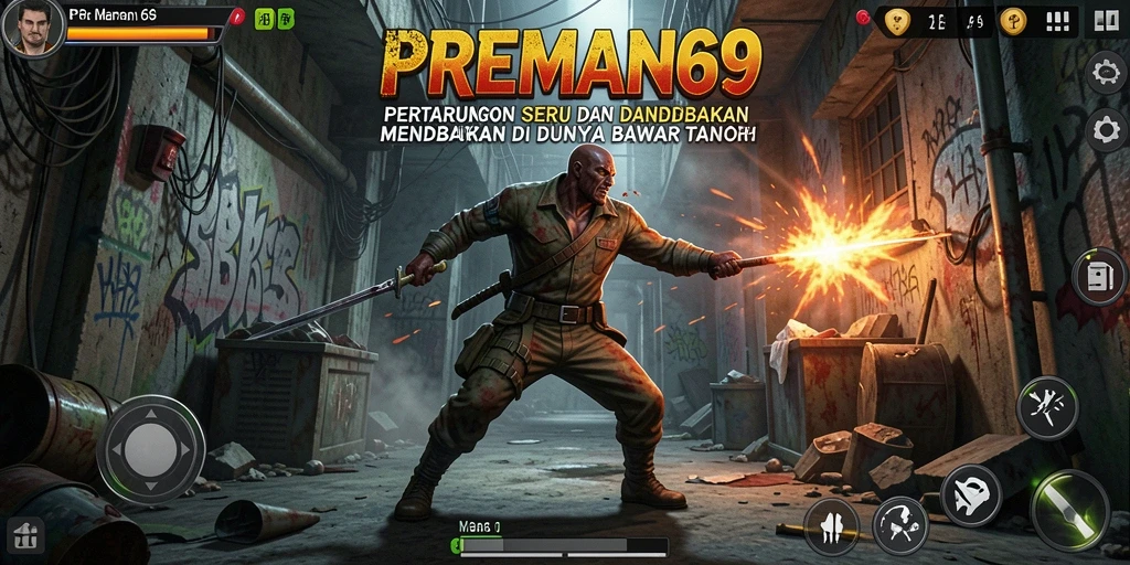Gameplay mendebarkan dengan aksi pertarungan intens di PREMAN69.