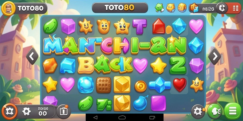 Screenshot utama TOTO80 menampilkan gameplay Match-3 yang penuh warna.