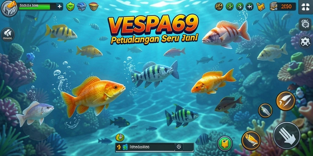 Screenshot gameplay VESPA69 menampilkan keseruan menembak ikan.